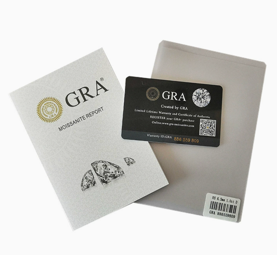 GRA moissanite report and warranty-card packaging used as a certificate reference.