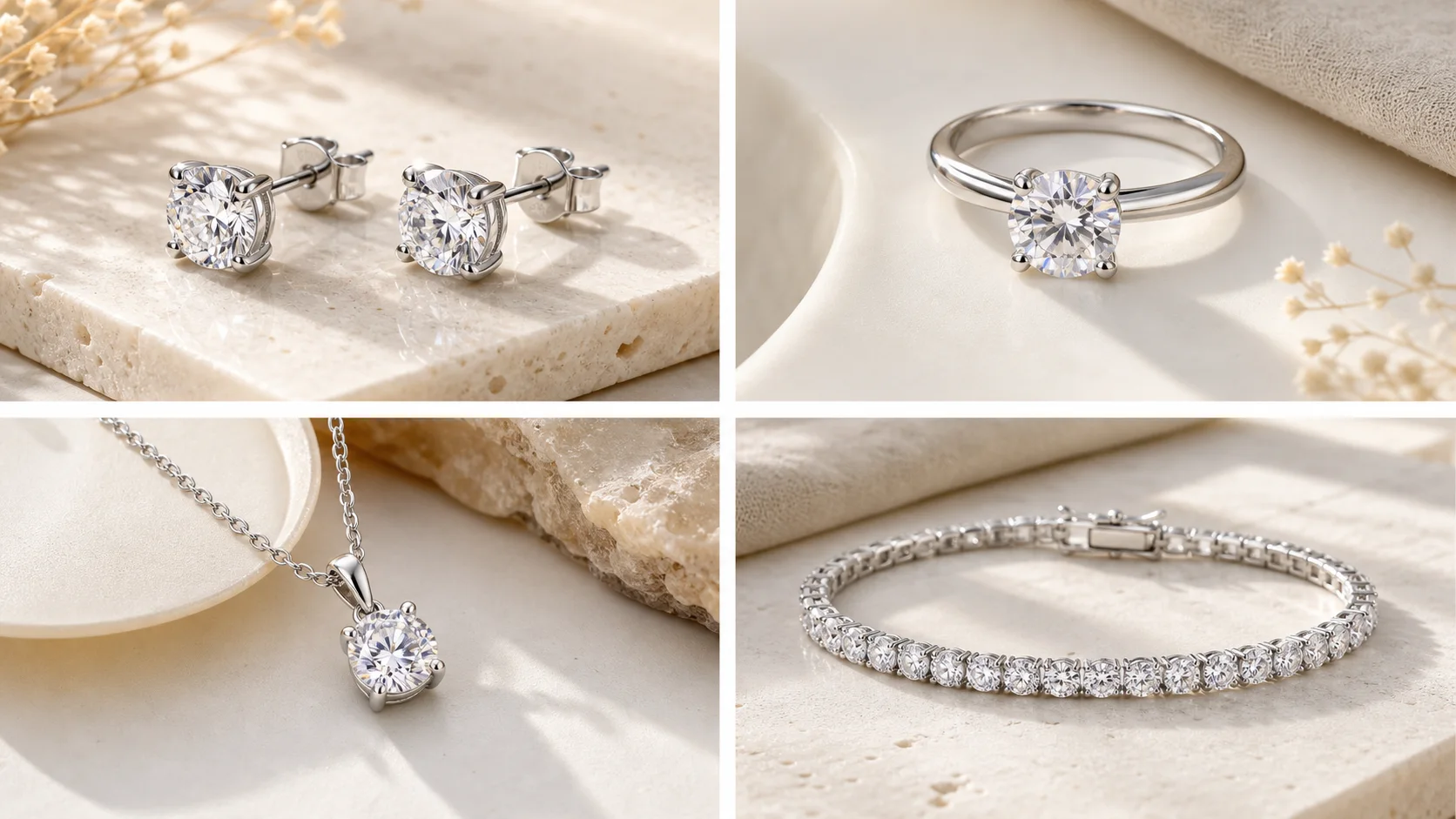 925 silver moissanite earrings, ring, necklace and bracelet shown as a mixed wholesale order