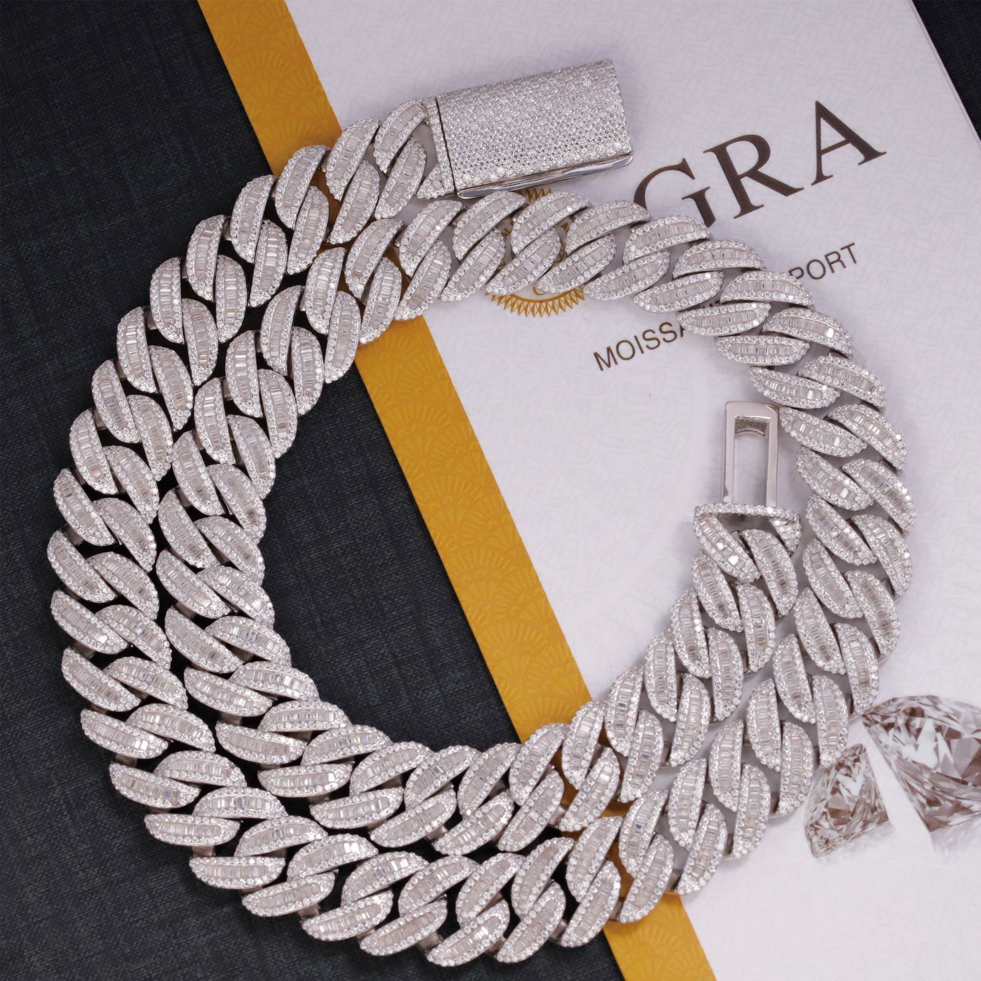 Moissanite Cuban link chain with GRA certificate packaging - wholesale moissanite 925 silver hip hop jewelry