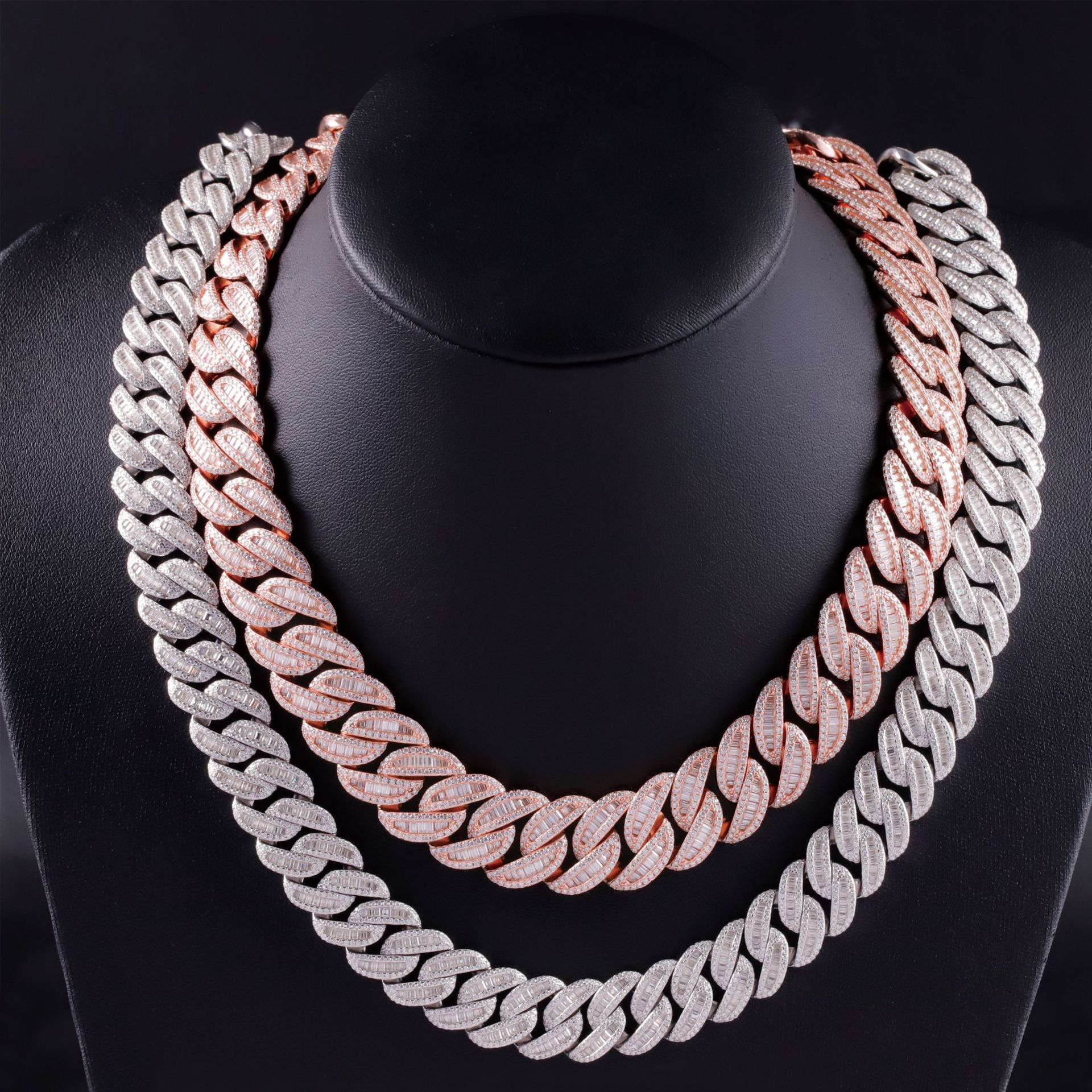 Two-tone moissanite Cuban link necklace display set - wholesale moissanite 925 silver hip hop jewelry