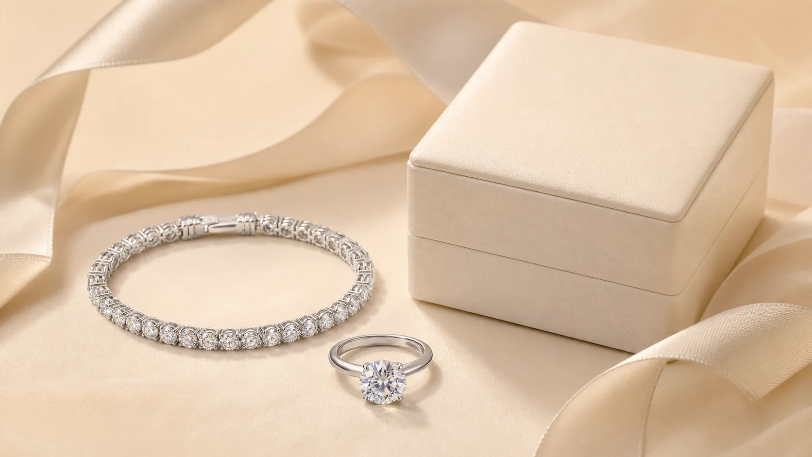 Pulsera y anillo de moissanita en plata 925 junto a caja premium sin marca