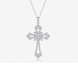 Product image: Ornate Cross Moissanite Pendant Necklace, 925 Sterling Silver | NK-026