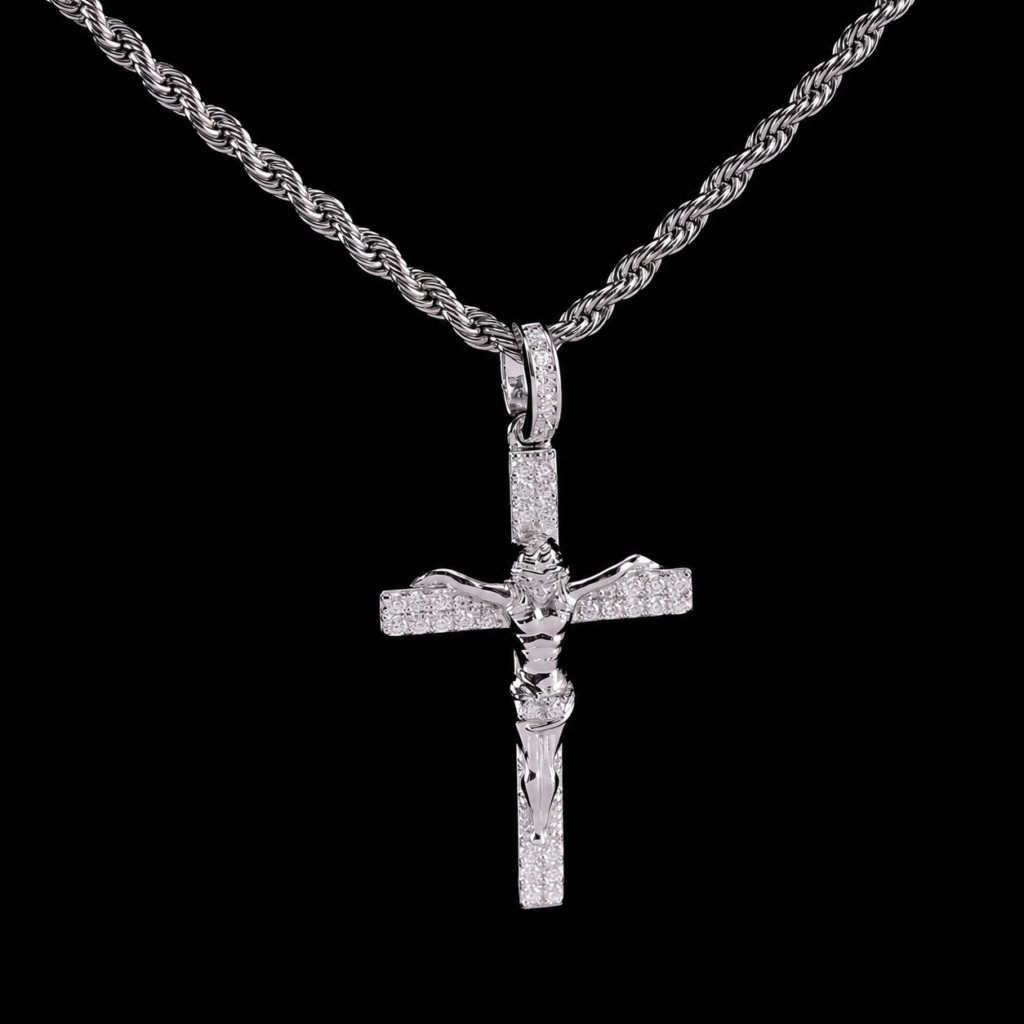 Product image: Silver Crucifix Moissanite Rope Chain Pendant