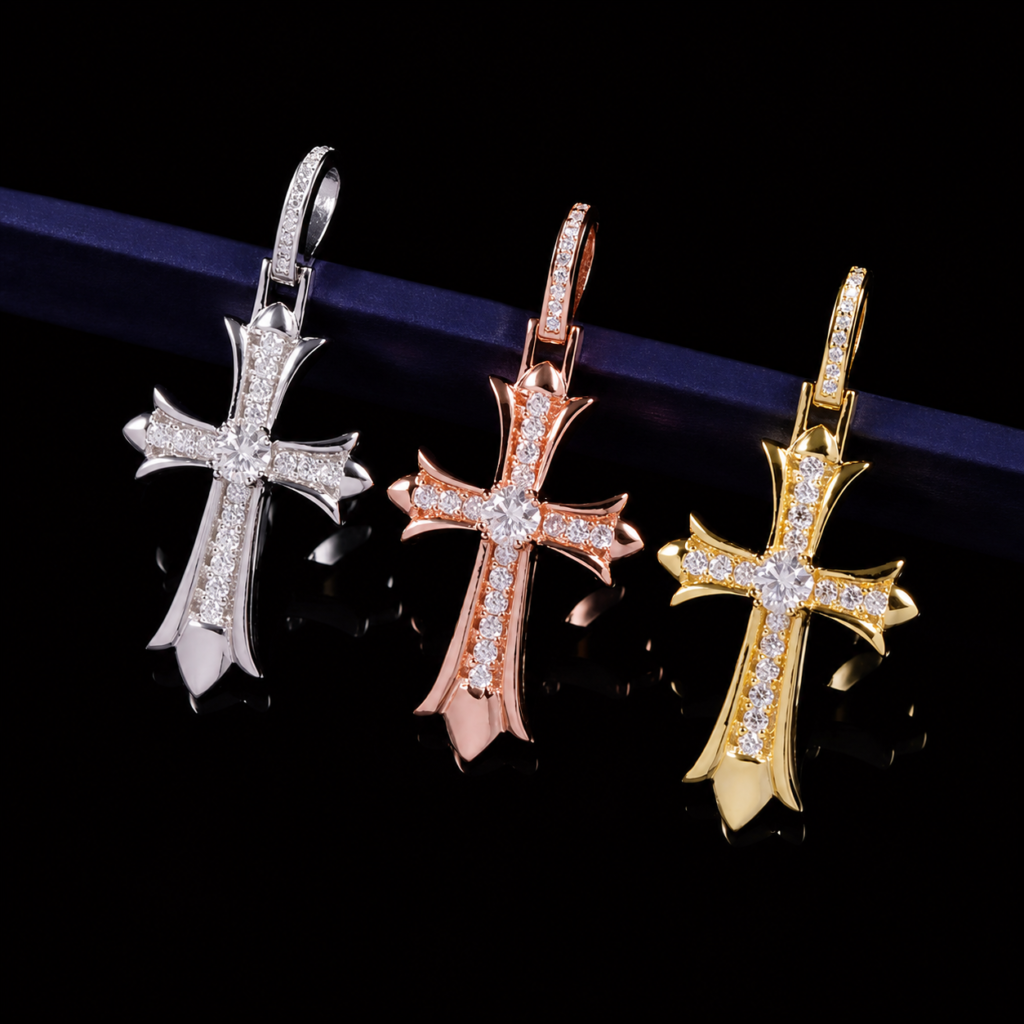 Product image: Three-Tone Gothic Cross Moissanite Pendant