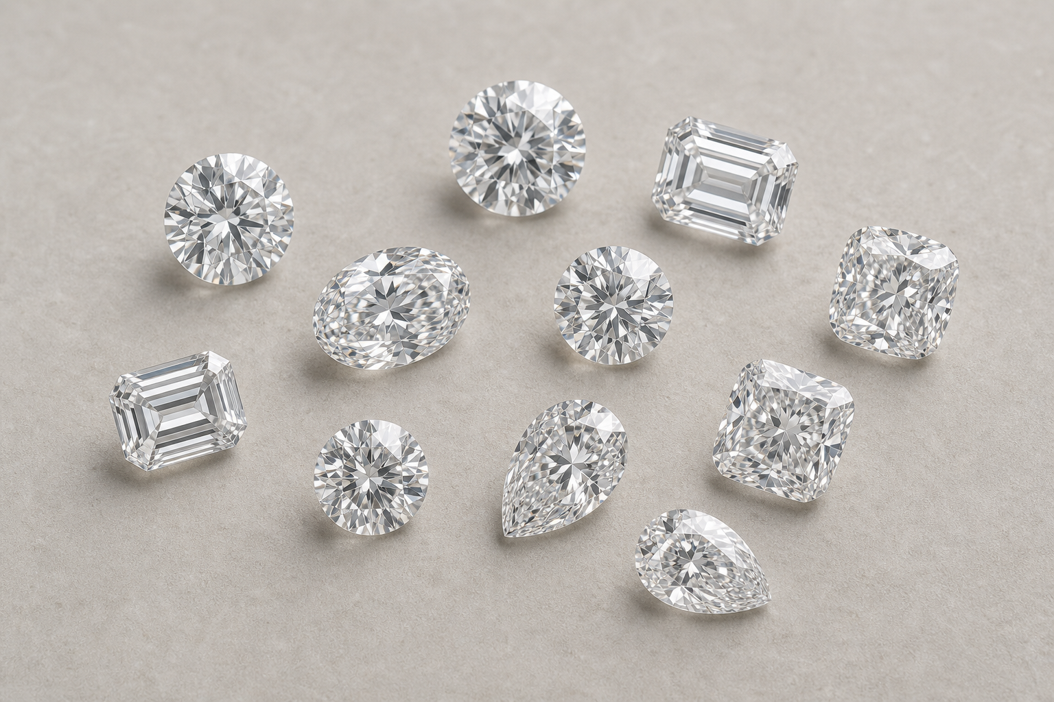 Loose lab-grown diamonds in round, oval, emerald, pear, cushion and radiant cuts.