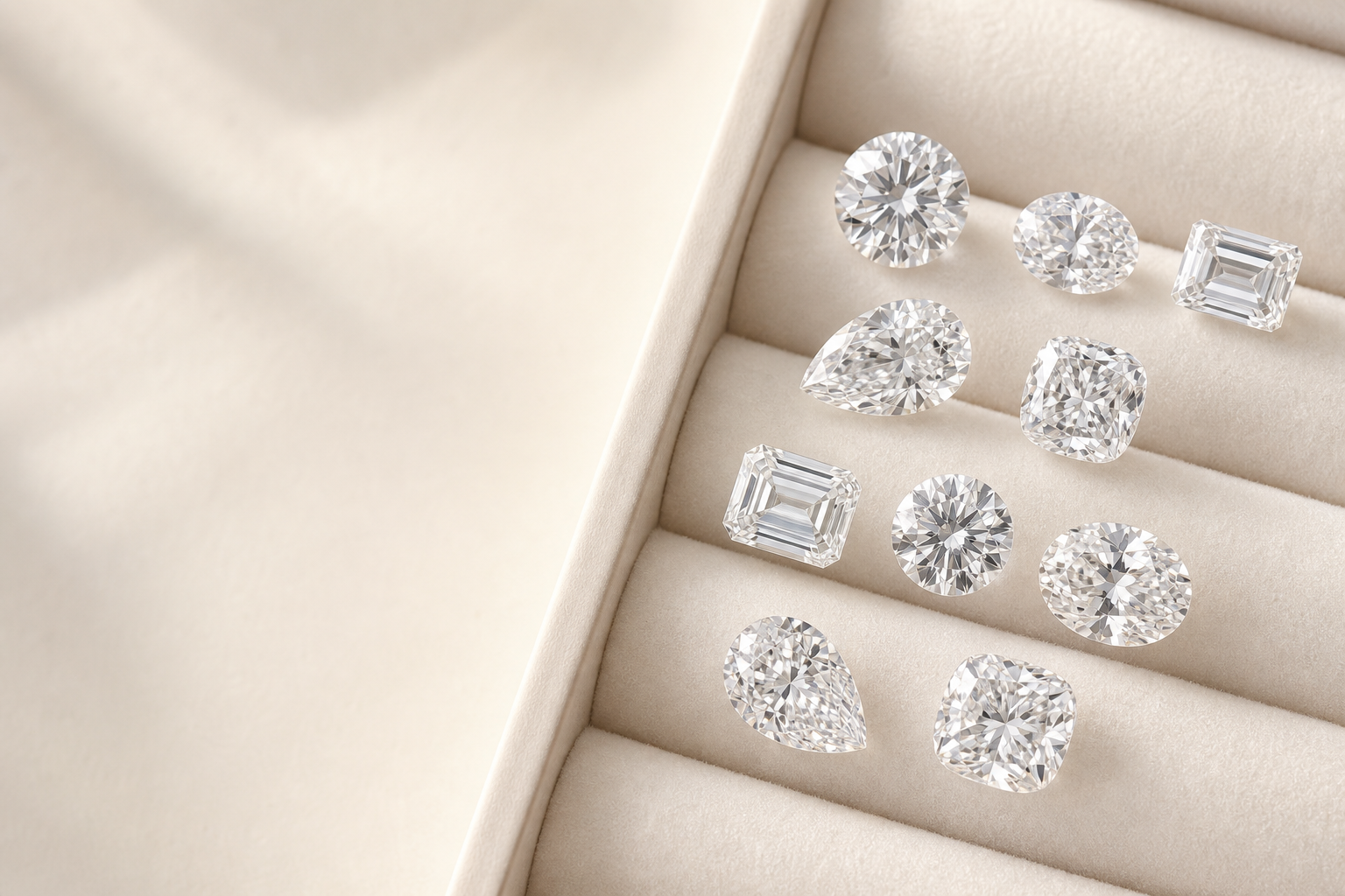 Loose moissanite stones in round, oval, pear, emerald and cushion cuts.