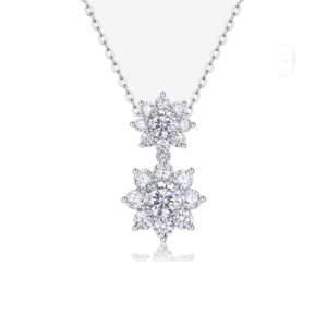 Double Floral Cluster Moissanite Drop Necklace, two connected flower clusters in a vertical drop, model NK-058