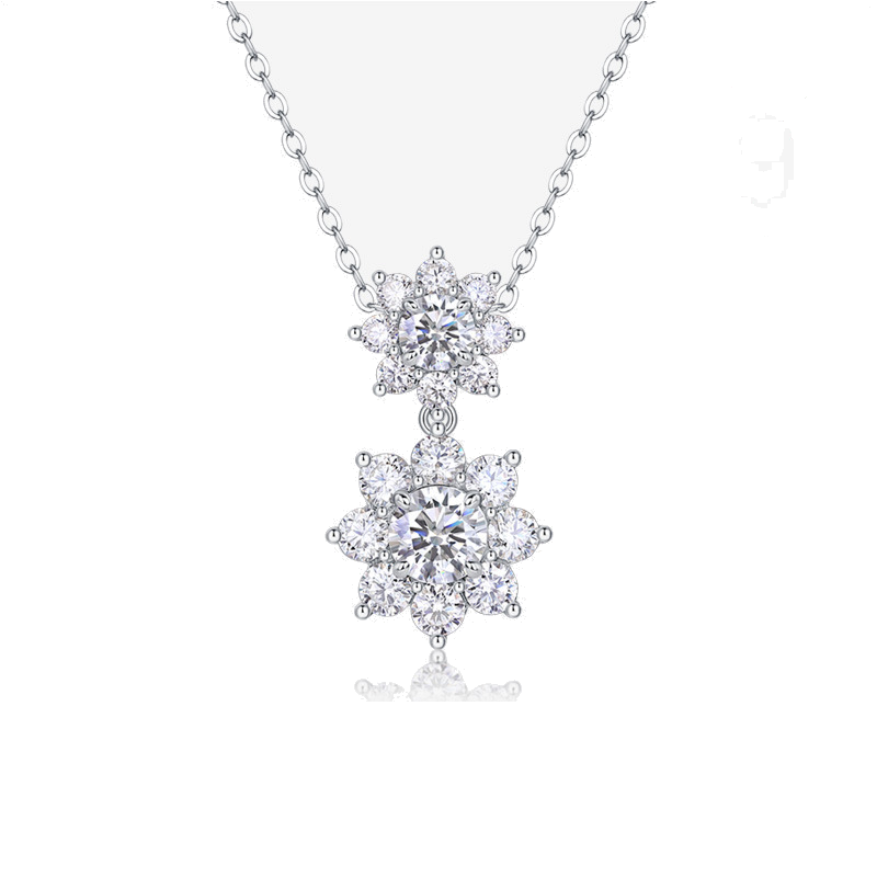 Product image: Double Floral Cluster Moissanite Drop Necklace, 925 Sterling Silver | NK-058