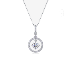 Floating Circle Halo Moissanite Pendant Necklace, a round center stone suspended inside a pavé open circle, model NK-060