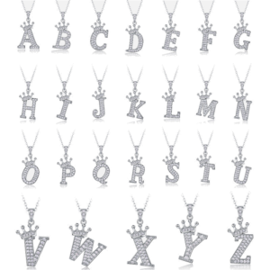 Crown Initial Moissanite Letter Necklace in 925 sterling silver with a pavé alphabet pendant topped with a small crown, model NK-066
