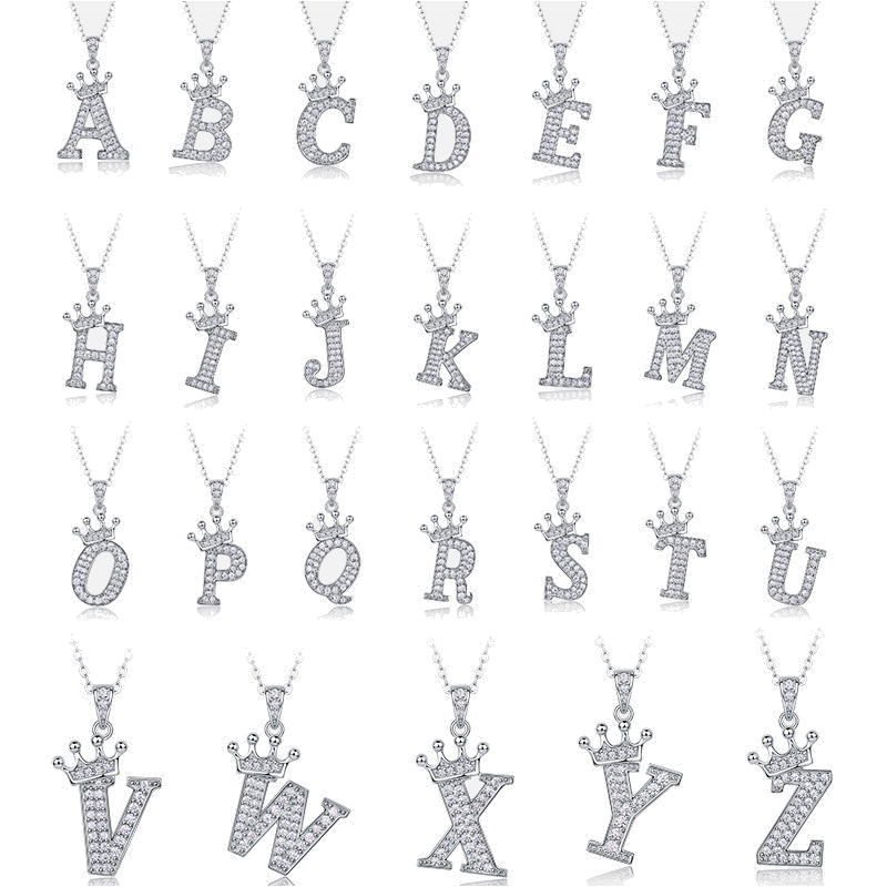 Product image: Crown Initial Moissanite Letter Necklace, 925 Sterling Silver | NK-066