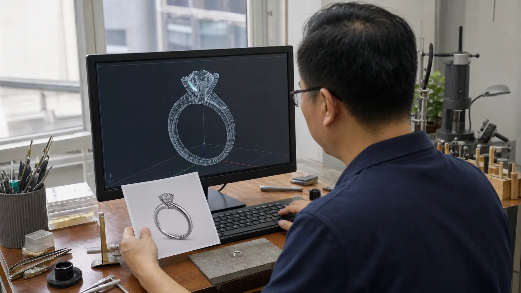 Jewelry reference image, CAD ring model and sample review